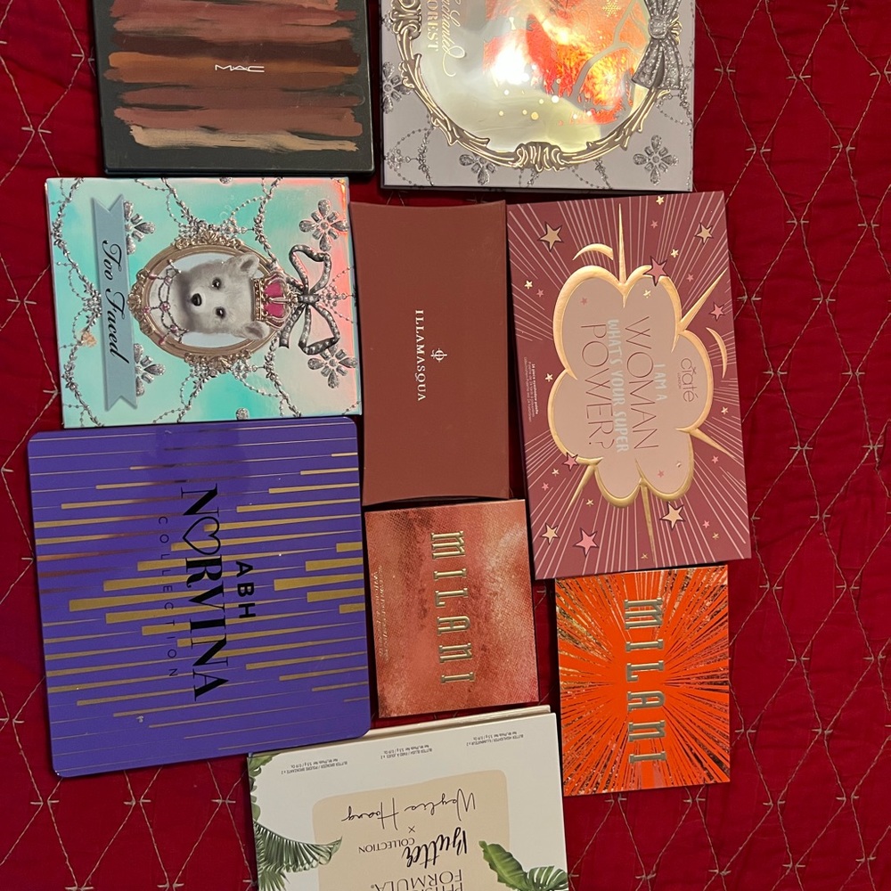 Palette lot ABH, too faced, MAC, ciate, milani, eyeshadow, highlight